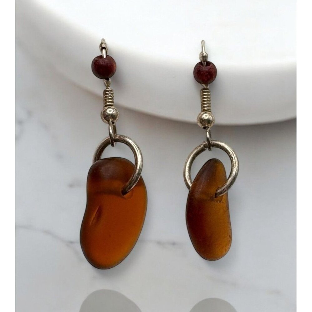 Amber Colored Dangle Earrings Silver Tone Beaded Accents Nature Boho